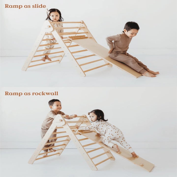 presents 3 year olds split image showing the triangle set with the slide and with the rock climbing wall