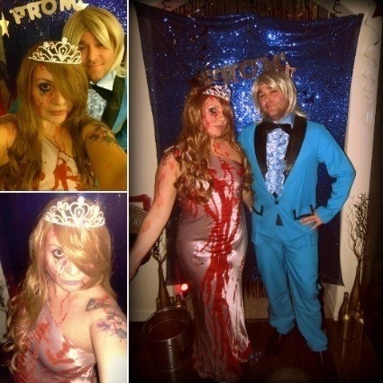 one girl in a prom dress covered in blood and one boy in a blue tuxedo
