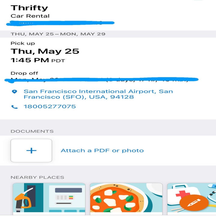 screen grab of the TripIt app with details on a car rental pickup