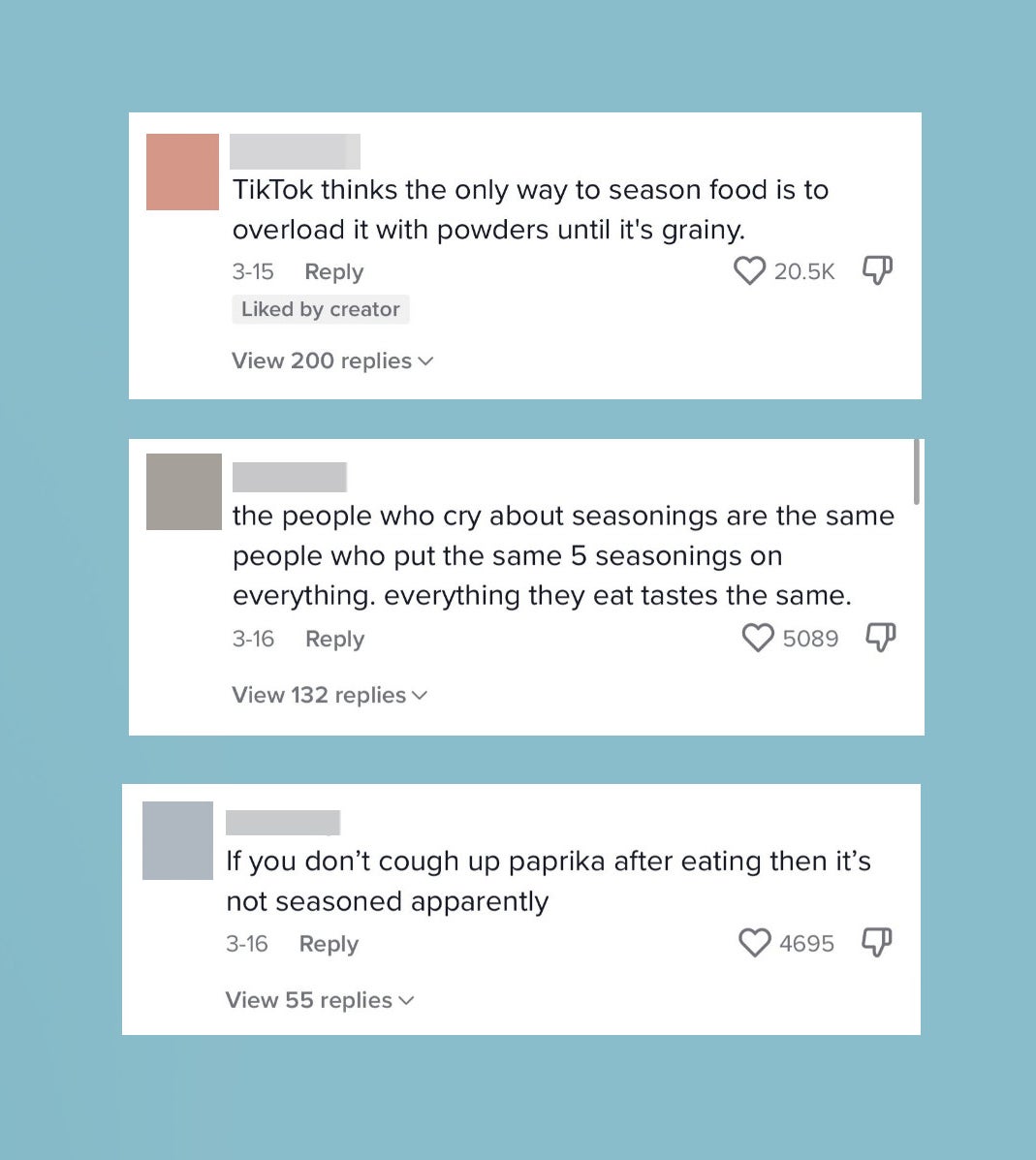 Various comments from the TikTok that are positive, including &quot;TikTok thinks the only way to season food is to overload it with powders until it&#x27;s grainy&quot;