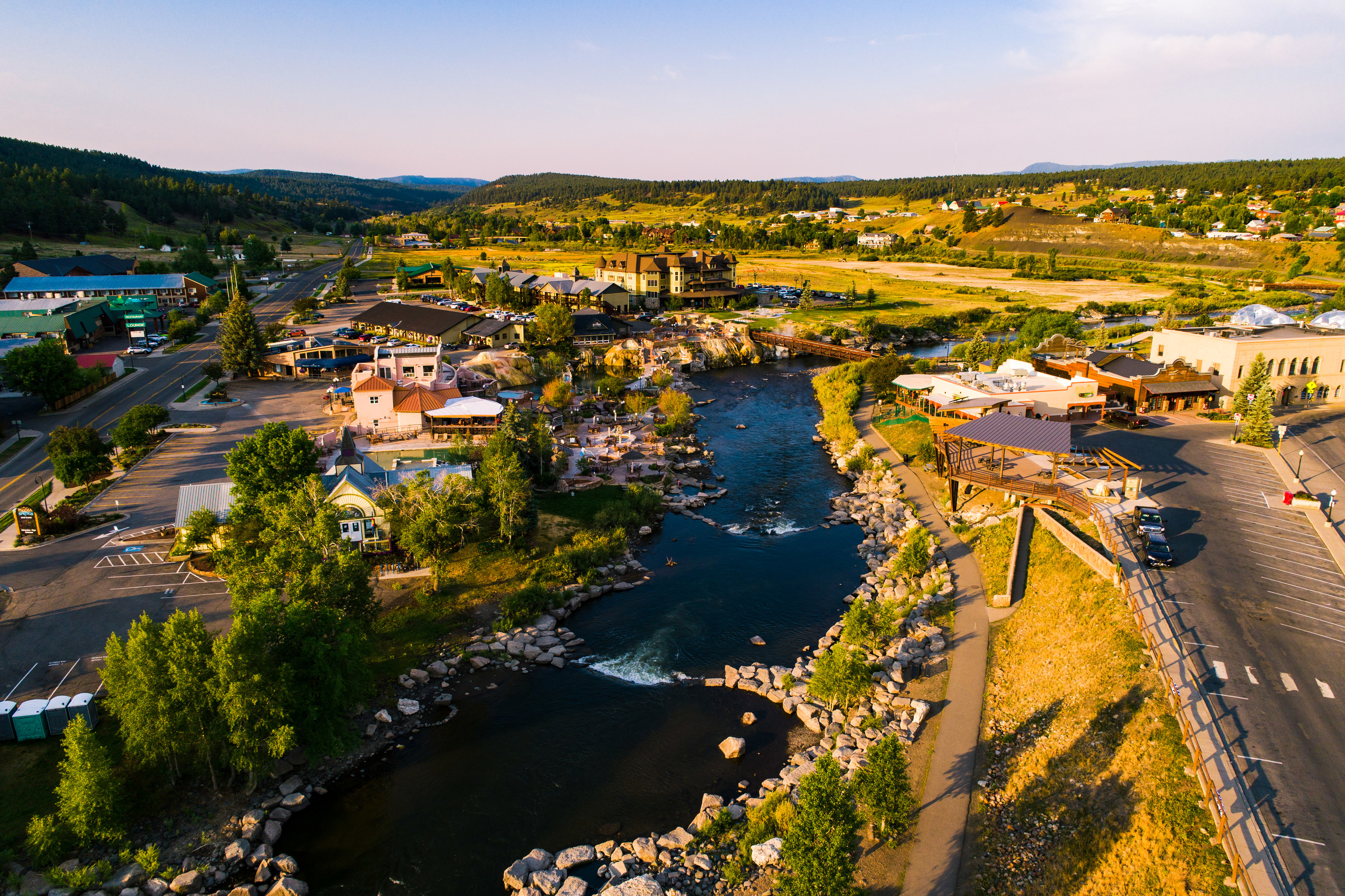 Aerial view of the river and city in Pagosa Springs, Colorado