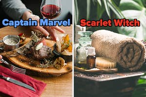 On the left, someone sitting over a plate of steak and potatoes labeled Captain Marvel, and on the right, a tale with spa treatments and towel on it labeled Scarlet Witch