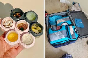 on left: model holding pink and green Cadence travel capsules filled with vitamins, jewelry, and skincare products. on right: blue packing cubes filled with clothes in a suitcase