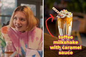 darcy from "heartstopper" next to a milkshake with caramel sauce dripping down the glass