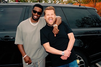 diddy and corden in front of an suv