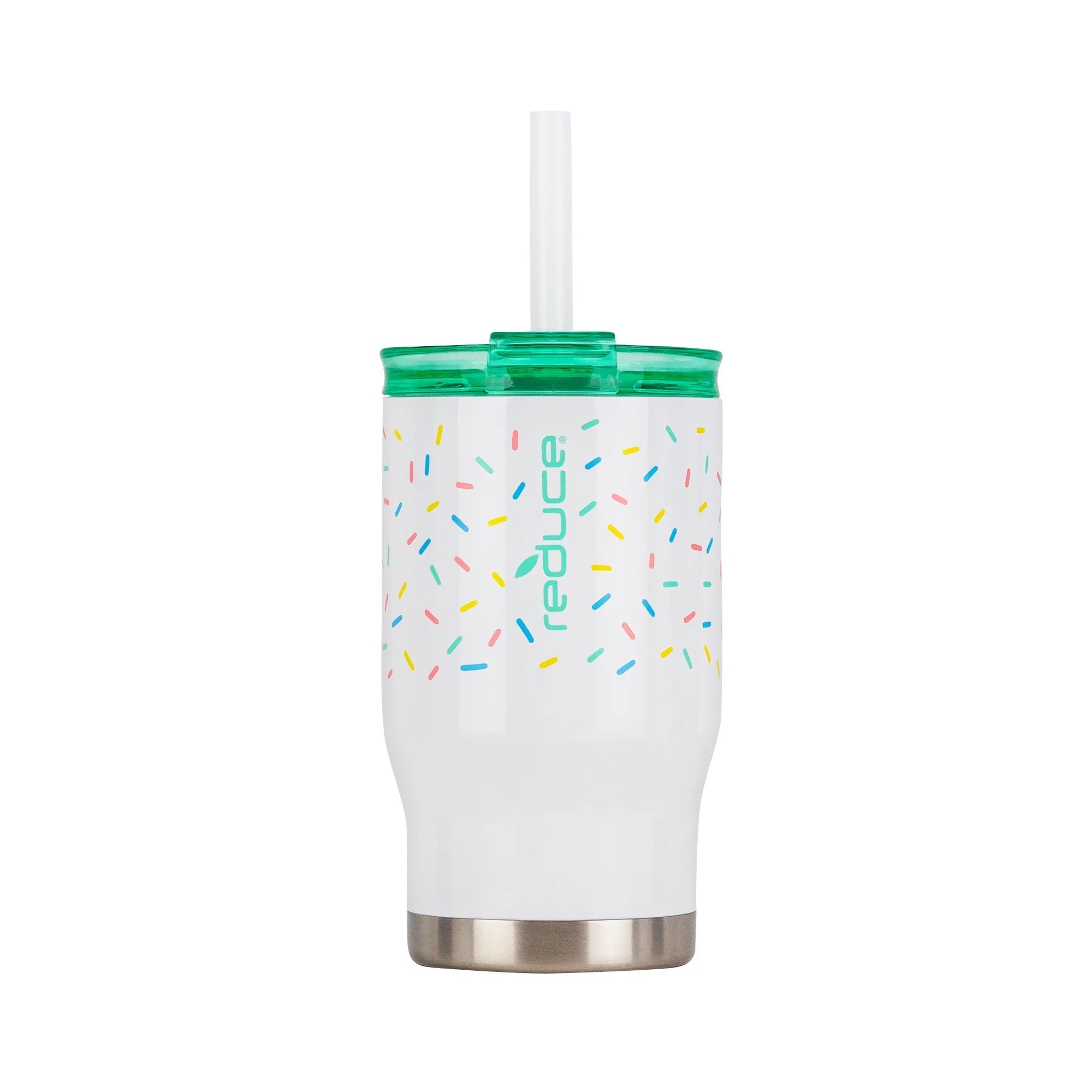the white and multicolored sprinkle patterned cup