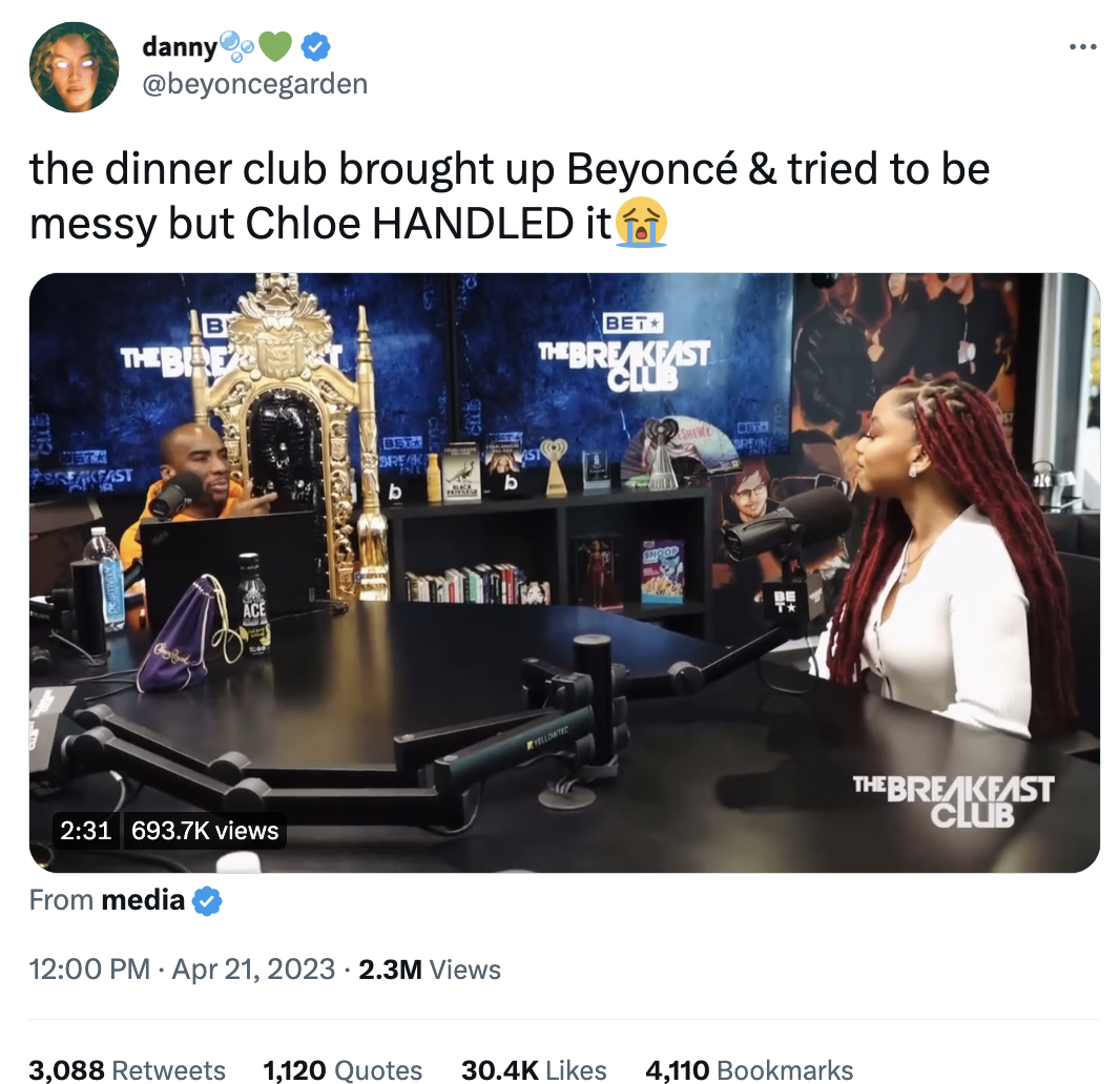 the dinner club brought up beyonce and tried to be messy but chloe handled it
