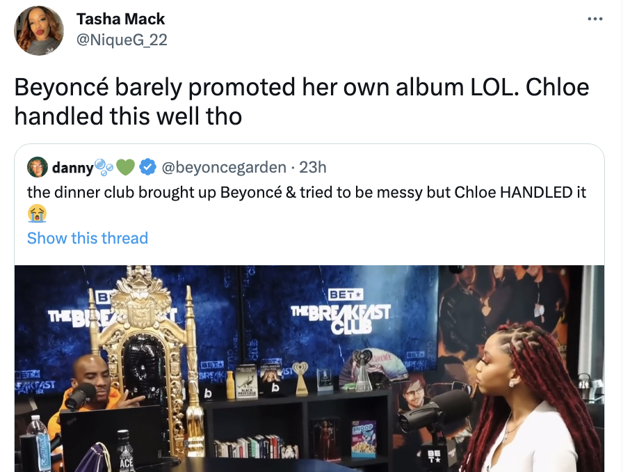 beyonce barely promoted her own album, chloe handled this well though