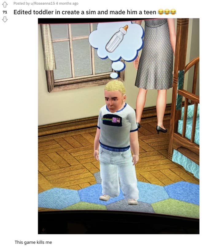 Comment: "Edited toddler in create-a-sim and made him a teen" (Followed by: a Sim with a toddlers body and a teenagers face)