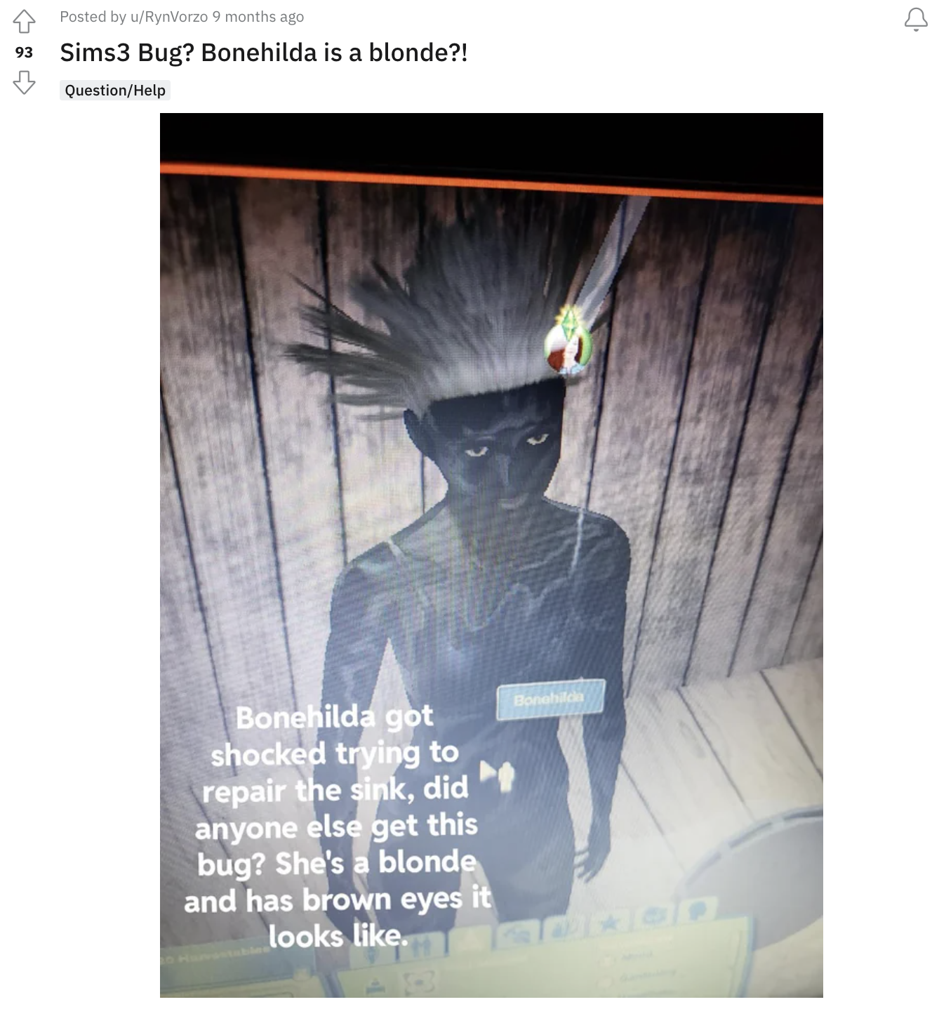 Comment: Bonehilda got shocked trying to repair the sink, did anyone else get this bug? She's a blonde and has brown eyes it looks like (Followed by: A Sim that has been electrocuted and is completely charred, with a wild spiked up hairdo