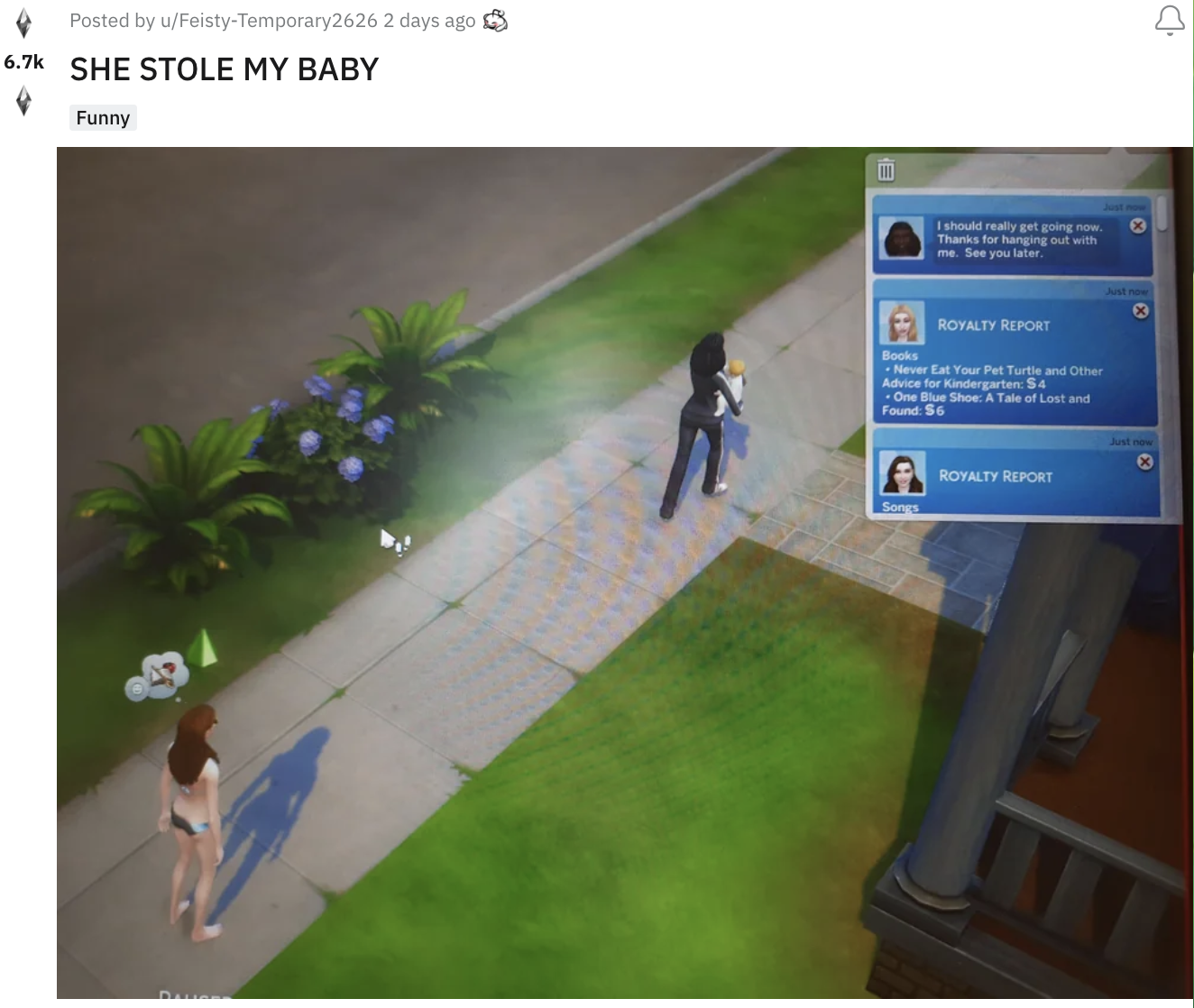 Comment: She stole my baby (Followed by: two Sims standing on the sidewalk while one walks away with said baby)