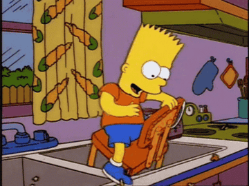 Bart Simpson riding a chair being tossed by a garbage disposal