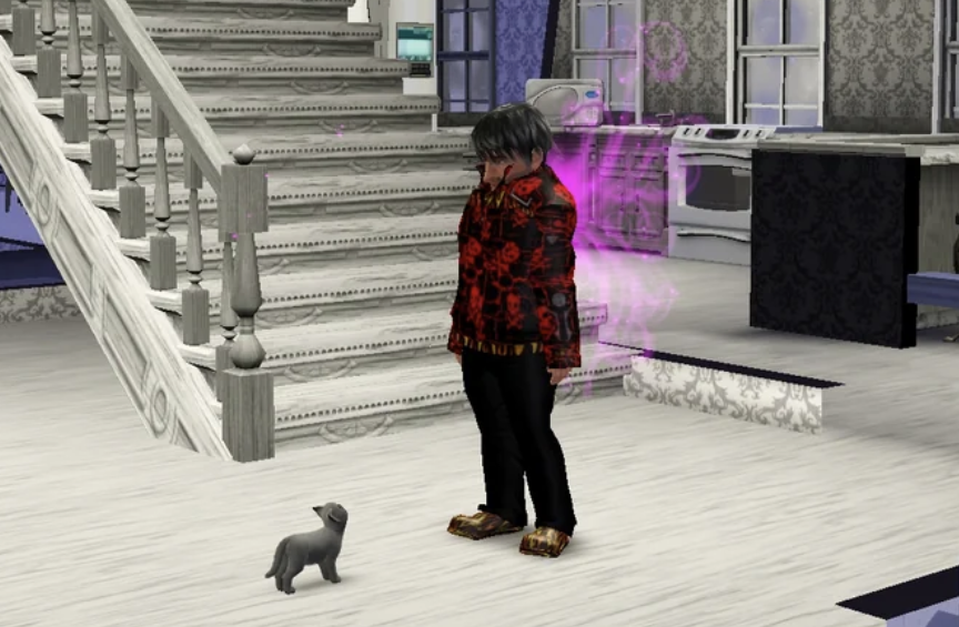 An adult Sim who has shrunk down to a child's size while a small kitten stares up at him