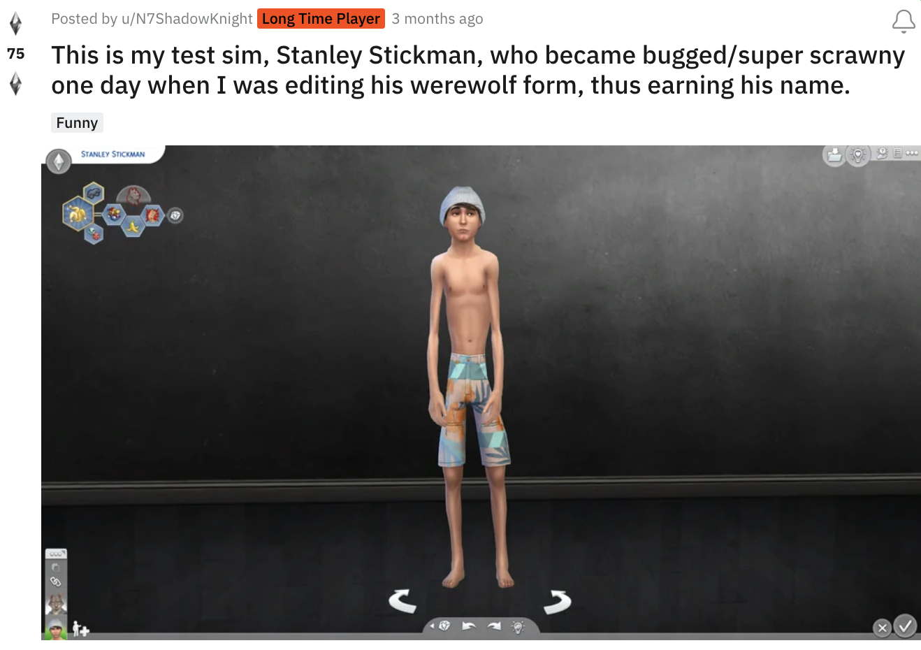 A Sim with abnormally long legs, a very long and skinny torso, broad shoulders, and a chunky short neck