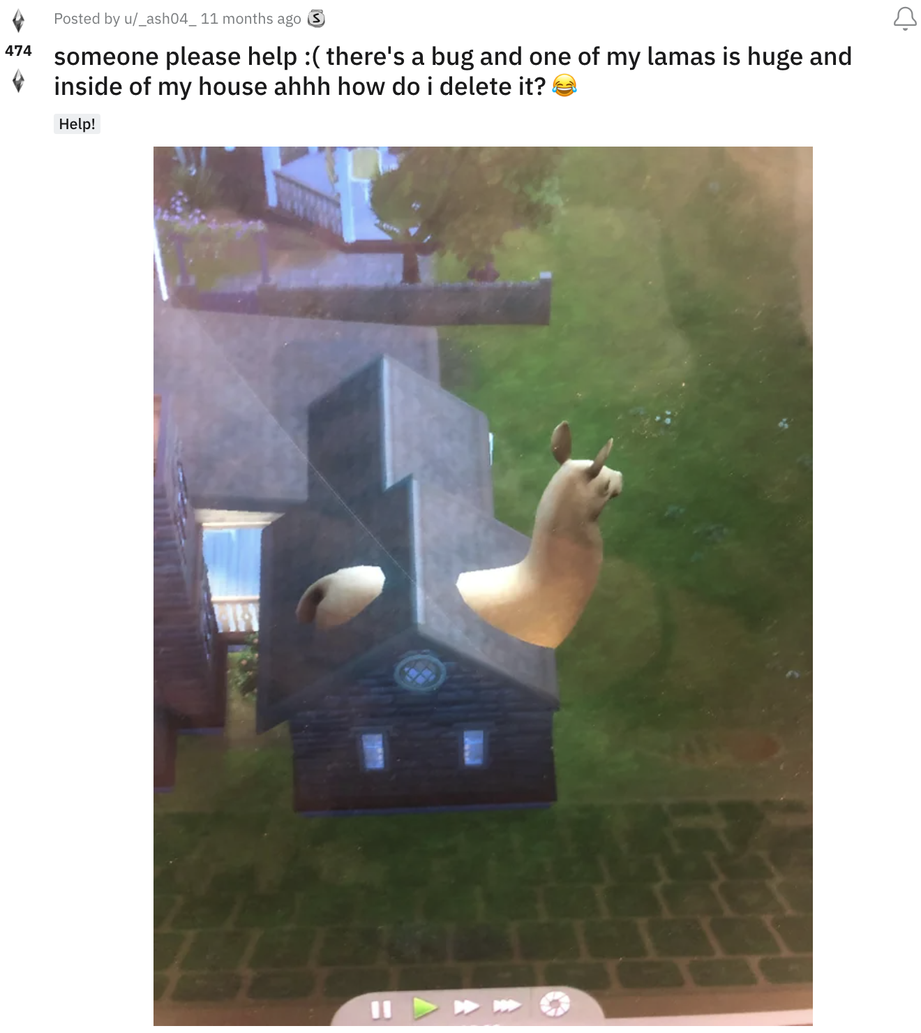 A giant llama Sim protruding from the roof of a house