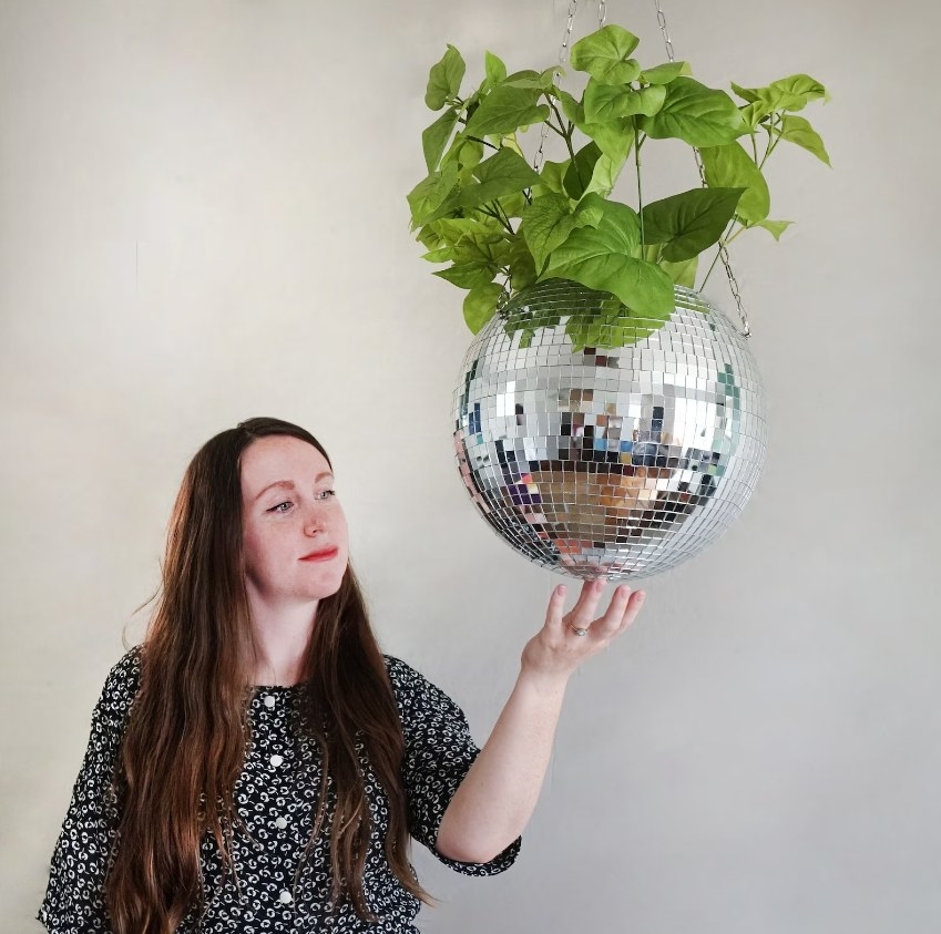 The disco ball hung from the ceiling with a green plant inside