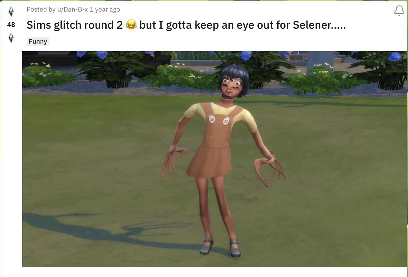 A disfigured child Sim with two pairs of eyes, long disfigured hands, and curled up fingers
