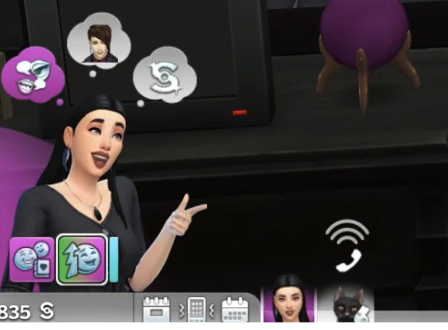 a sim with three different thought bubble options above their head