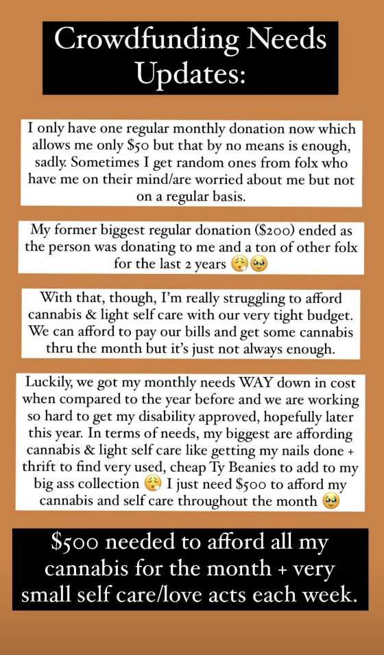 The post requests crowdfunding $500 from people for the month so they can afford to buy cannabis, get their nails done, and add new Ty Beanies to their collection