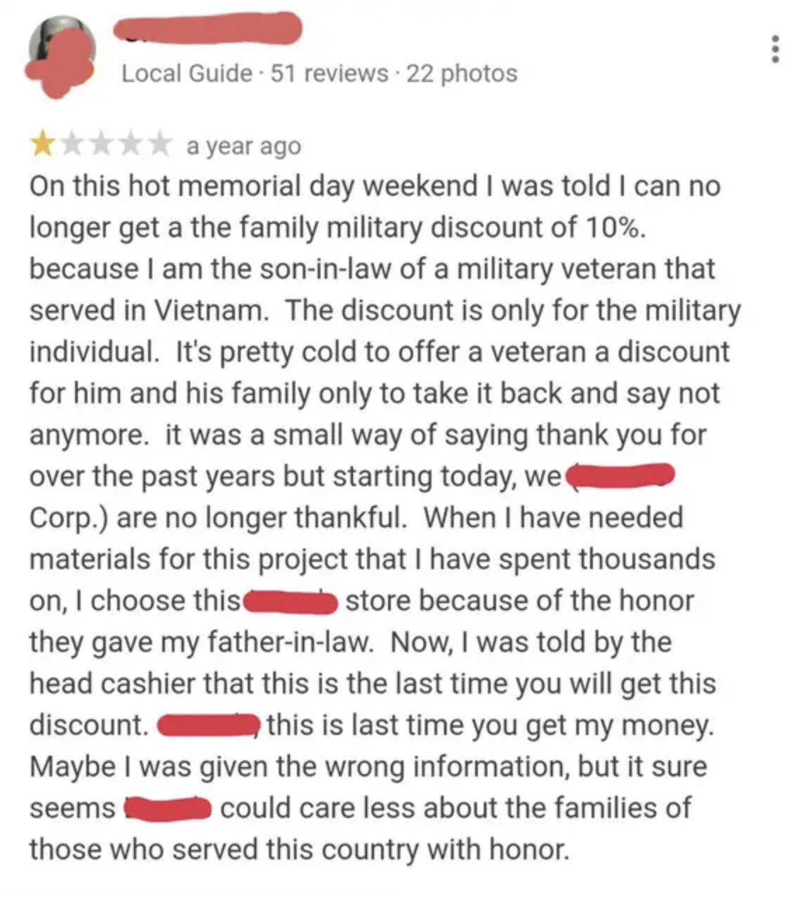 The review is basically a long rant about how the store is disrespectful and &quot;couldn&#x27;t care less about the families of those who served this country with honor&quot;