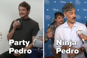 On the left is Pedro Pascal pretending to be drunk and on the right is Pedro sneaking up on Taika Waitiki in the middle of an interview