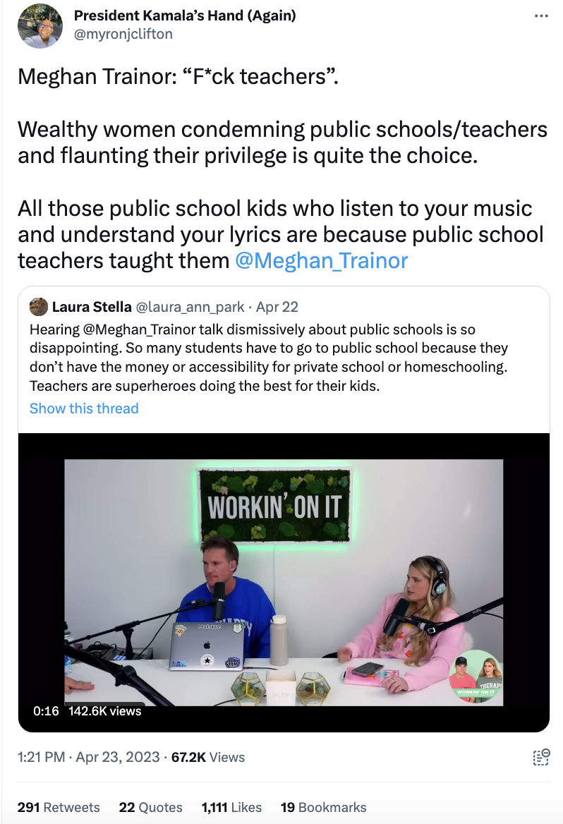 Tweet saying &quot;Wealthy women condemning public schools/teachers and flaunting their privilege is quite the choice&quot;