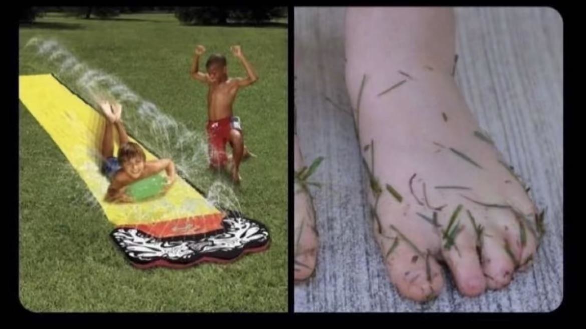 Two children play on a flat water tarp vs. a foot with grass stuck on it