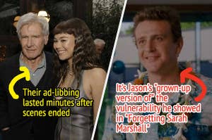 Harrison Ford (L) and Lukita Maxwell pose at the after party for the premiere of Apple TV+'s "Shrinking" at Ceccone's,  Jason Segel as Peter tries to make a hotel reservation in "Forgetting Sarah Marshall"