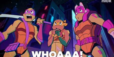 The three Teeenage Mutant Ninja Turtles say, &quot;whoa&quot;