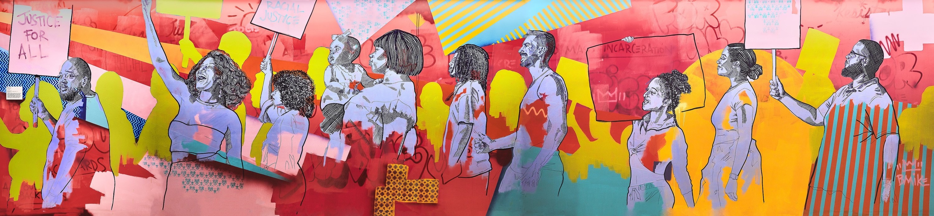 A colorful mural of people protesting