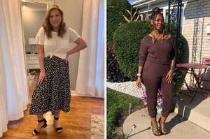 on left: reviewer wearing white tee with black-and-white leopard print midi skirt. on right: reviewer wearing long-sleeve brown jumpsuit