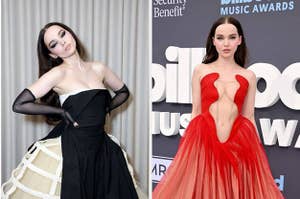 Dove in an avant-garde gown, then a bold gown with a plunging neckline