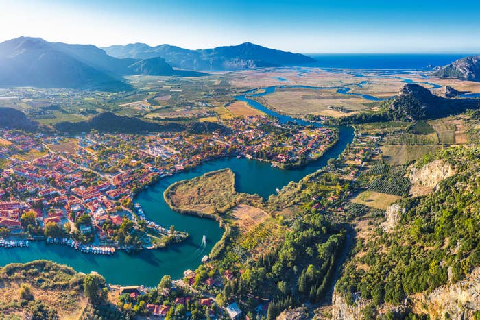 Aerial drone shot of Dalyan city and valley of Dalyan river in south Turkey.
