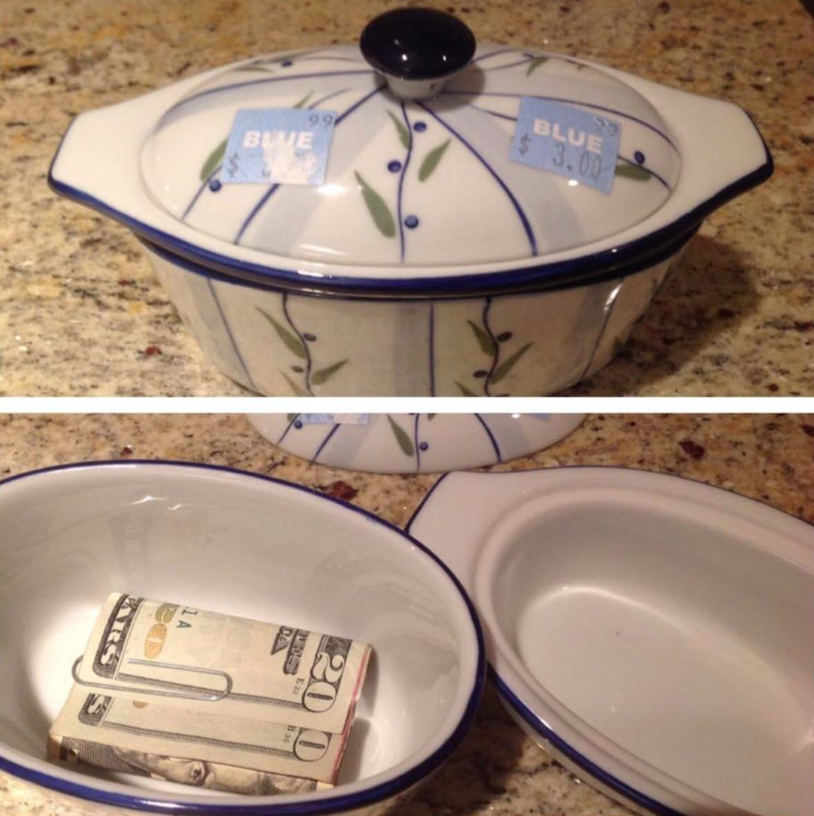 rolled up money inside the small dish