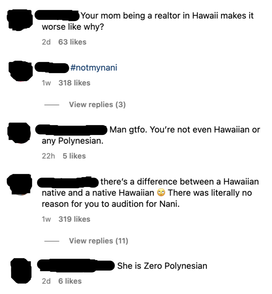 Comments about her not being Native Hawaiian and &quot;zero Polynesian&quot;