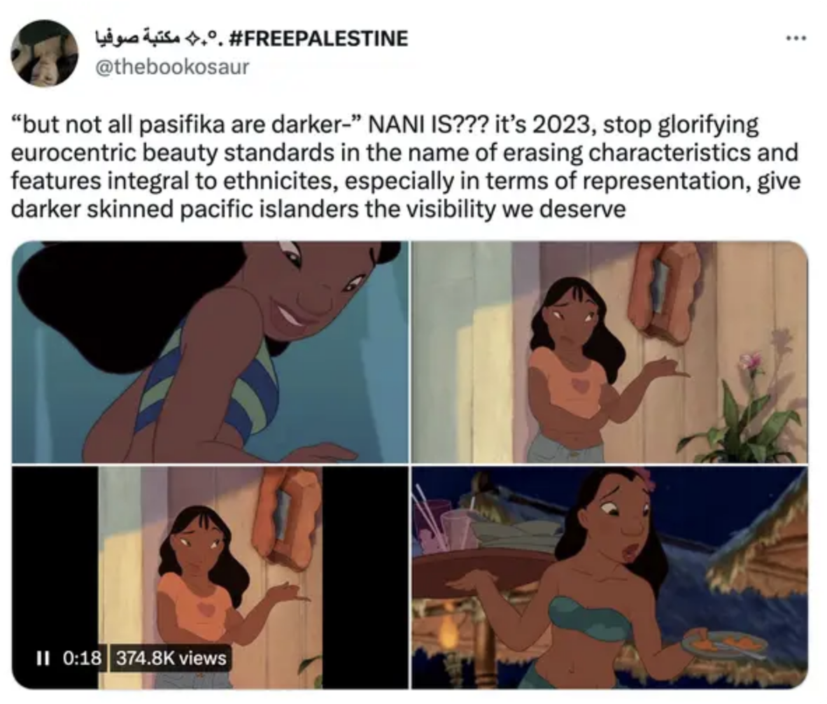 Tweet about not glorifying Eurocentric beauty standards: &quot;give darker skinned pacific islanders the visibility we deserve&quot;