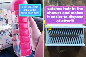 L: water bottle with built-in pill organizer on the side R: hair catcher attached to shower wall