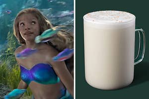 On the left, Halle Bailey swimming around in the ocean, surrounded by fish, as Ariel in The Little Mermaid, and on the right, a Pistachio Crème from Starbucks