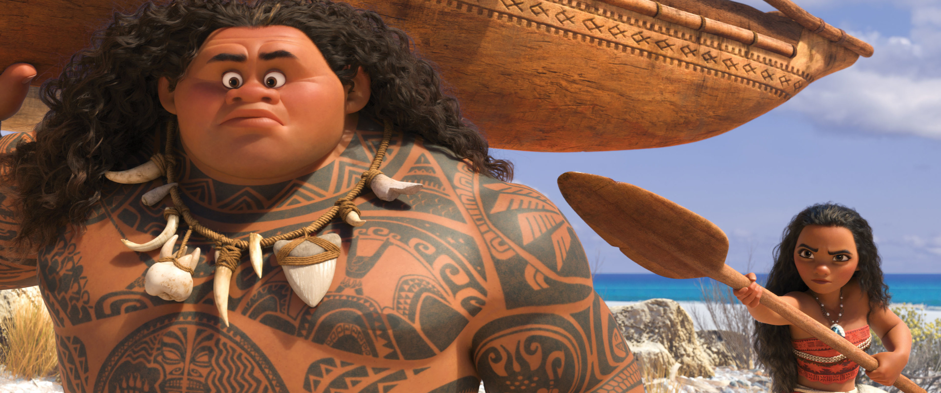 maui with moana standing behind him pointing an oar to him