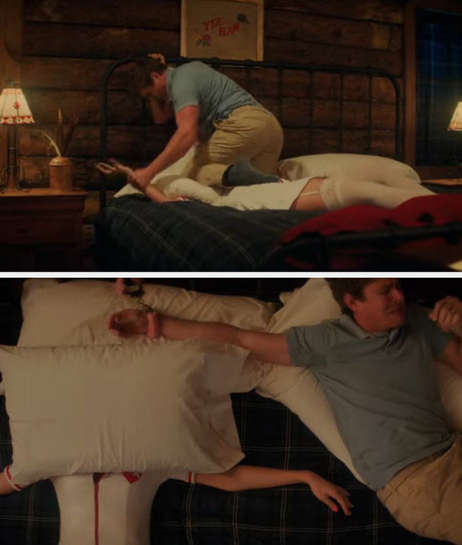 One still from the film shows Chris on top of Carey holding a pillow over her face, and a second still shows Chris lying on the bed next to a dead Carey