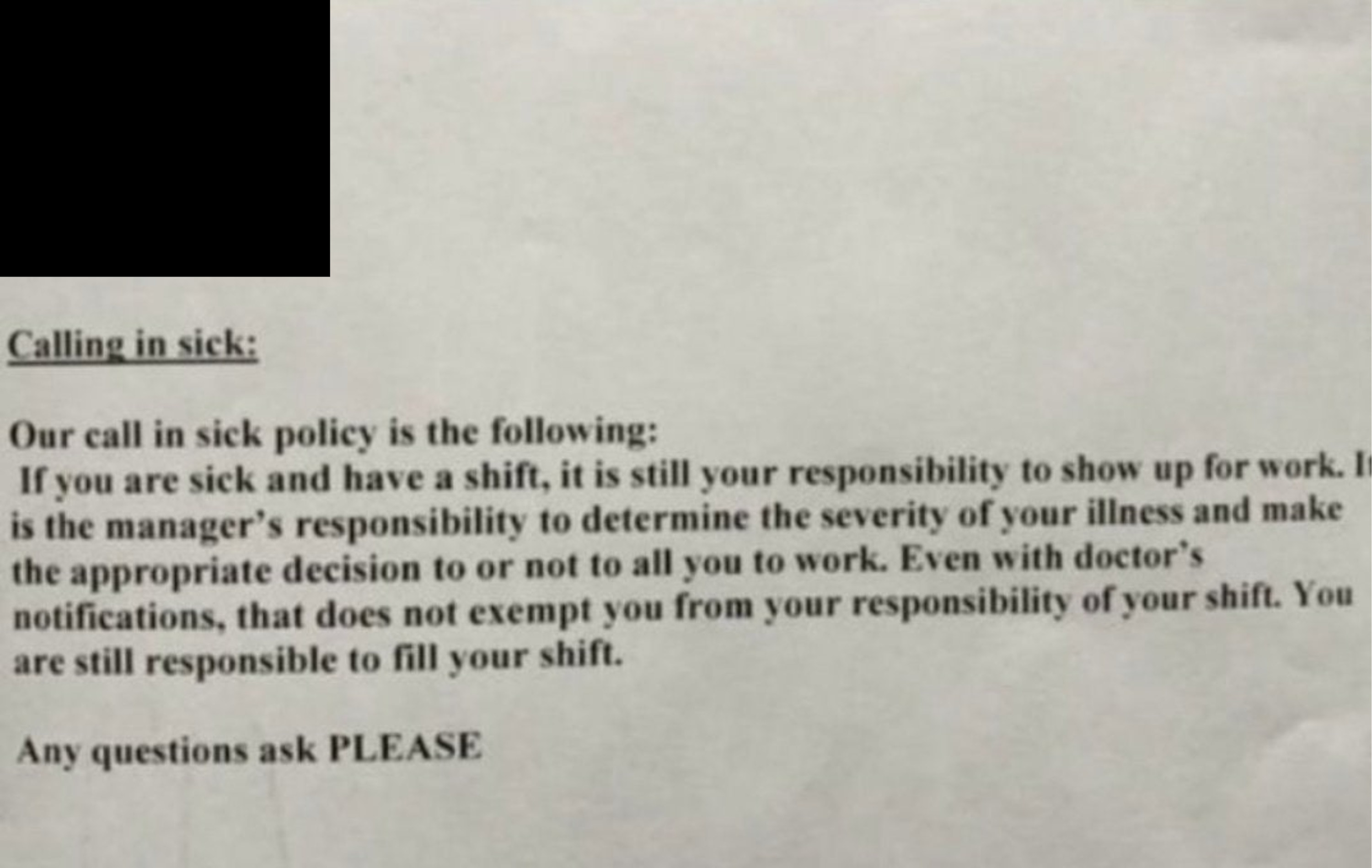 A company's guidance on calling in sick