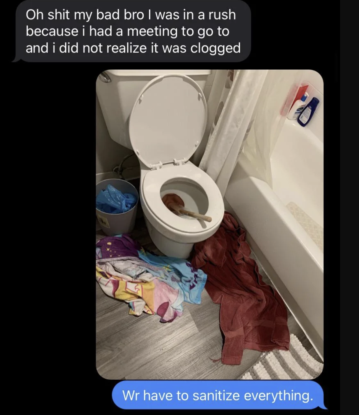 Imessage conversation that reads: &quot;Oh shit my bad bro I was in a rush because I had a meeting to go to and I did not realize it was clogged&quot; the message reply reads: &quot;We have to sanitize everything&quot; and includes an image of a toilet with a plunger in it