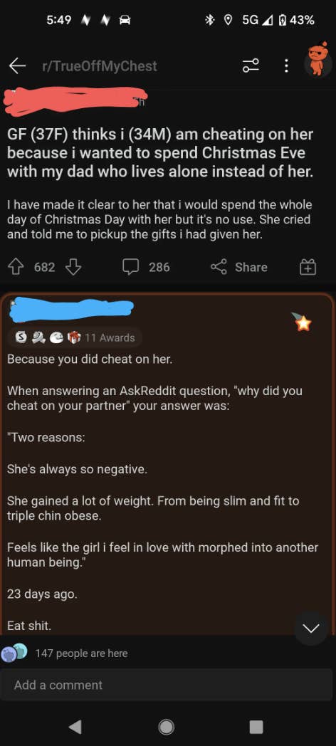person calling out the other for cheating and exposing themselves with the truth on Redditt