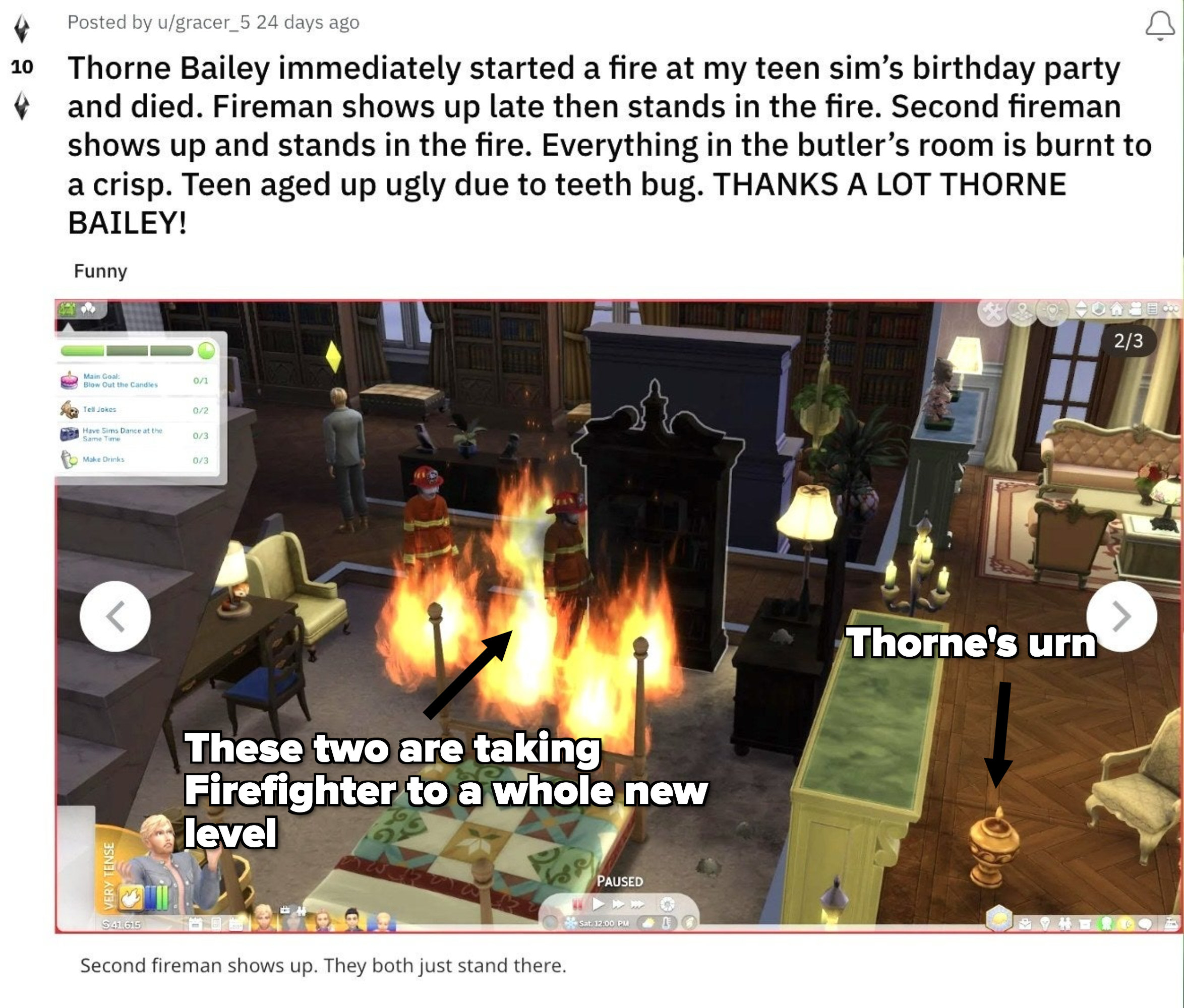 Two Firefighter Sims standing in the middle of a burning fire