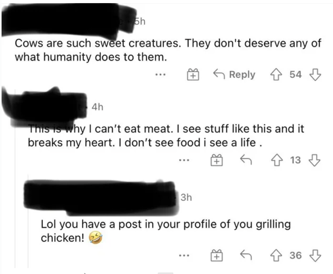 person 1 says they cant eat meat &#x27;cause it breaks their heart and person 2 says, you have a post in your profile of you grilling chicken