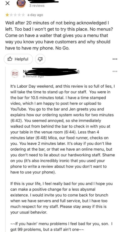 restaurant management responds to the lie left on google reviews