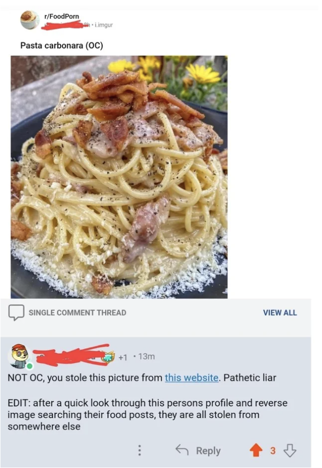 someone using reverse google images to find out a Reddit poster is taking credit for food photos that aren&#x27;t theirs