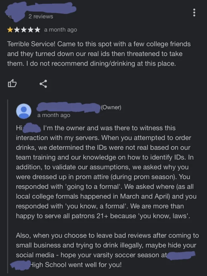 high school students tried to use a fake id at a restaurant and the manager responds to the lie in the review they left
