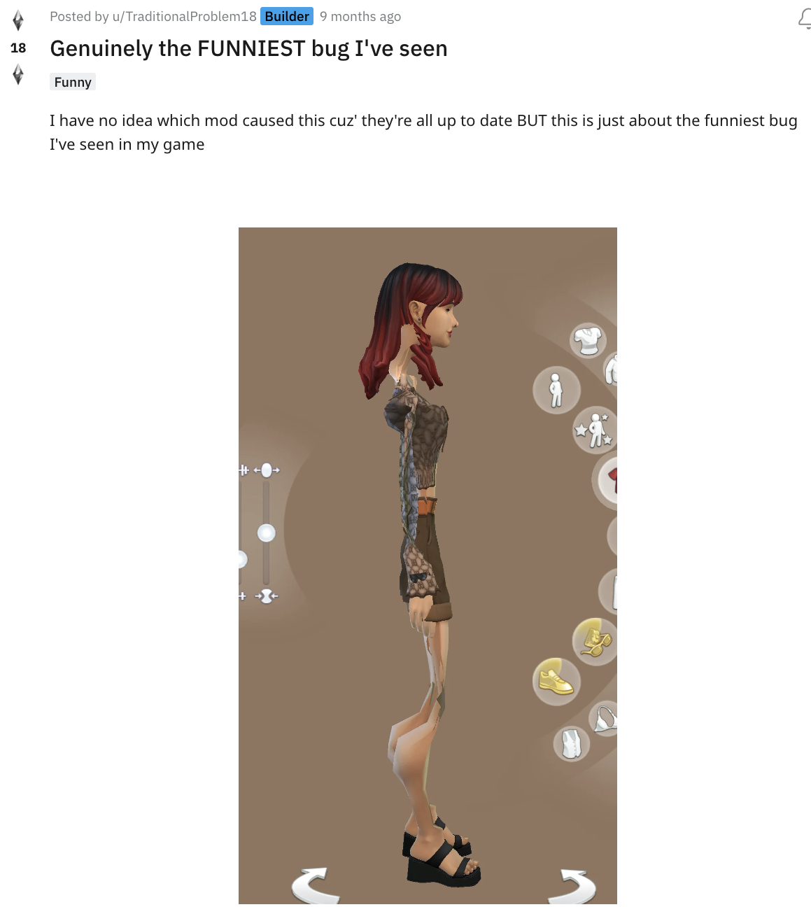 A Sim missing the back half of their body from their neck down to their legs