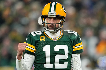 Aaron Rodgers reacts after a touchdown against the Los Angeles Rams.